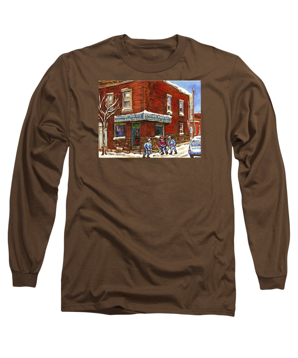 Montreal Long Sleeve T-Shirt featuring the painting Restaurant Epicerie Jean Guy Pointe St. Charles Montreal Art Verdun Winter Scenes Hockey Paintings  by Carole Spandau