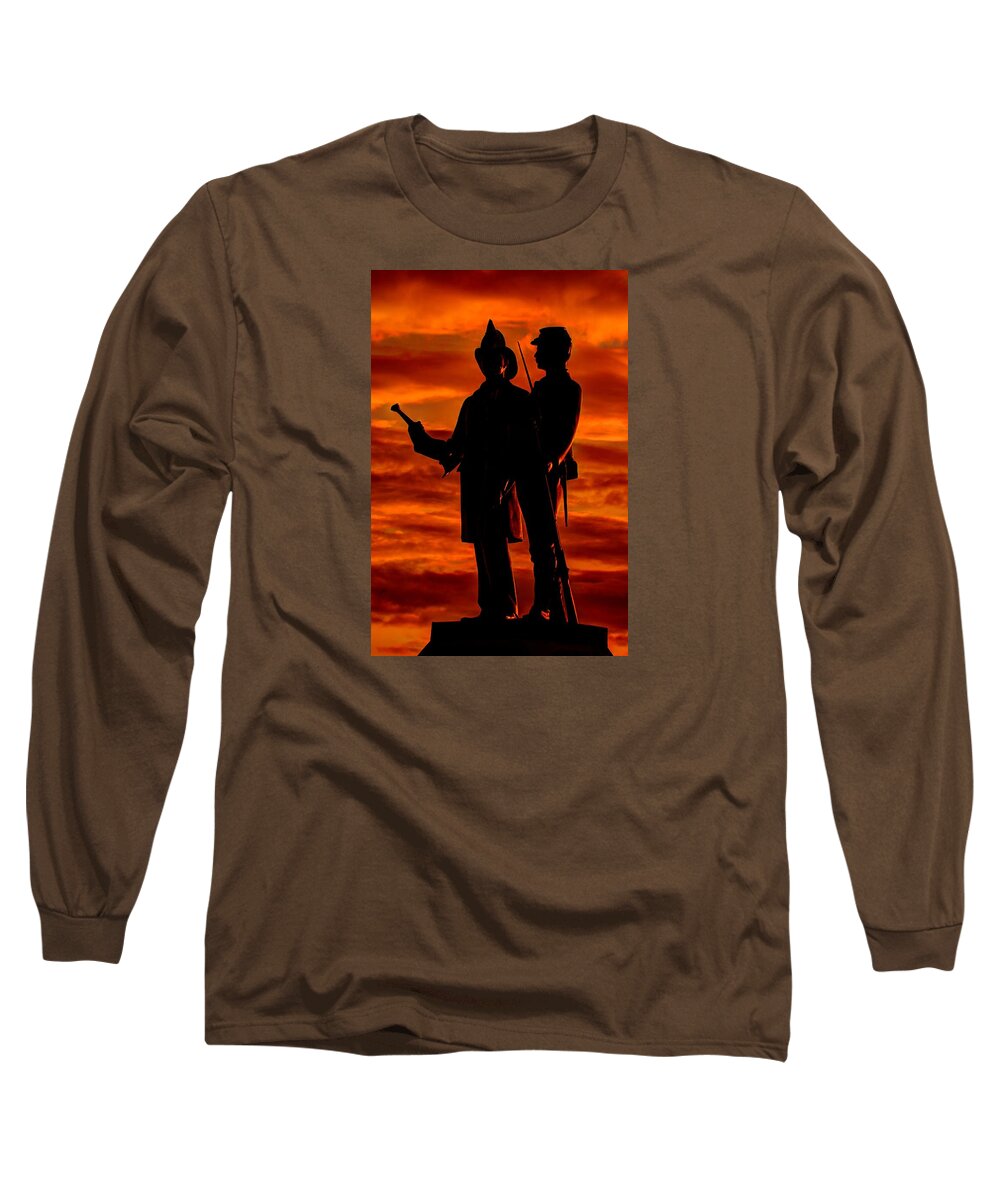 Civil War Long Sleeve T-Shirt featuring the photograph Sky Fire - 73rd NY Infantry Fourth Excelsior Second Fire Zouaves-B1 Sunrise Autumn Gettysburg by Michael Mazaika
