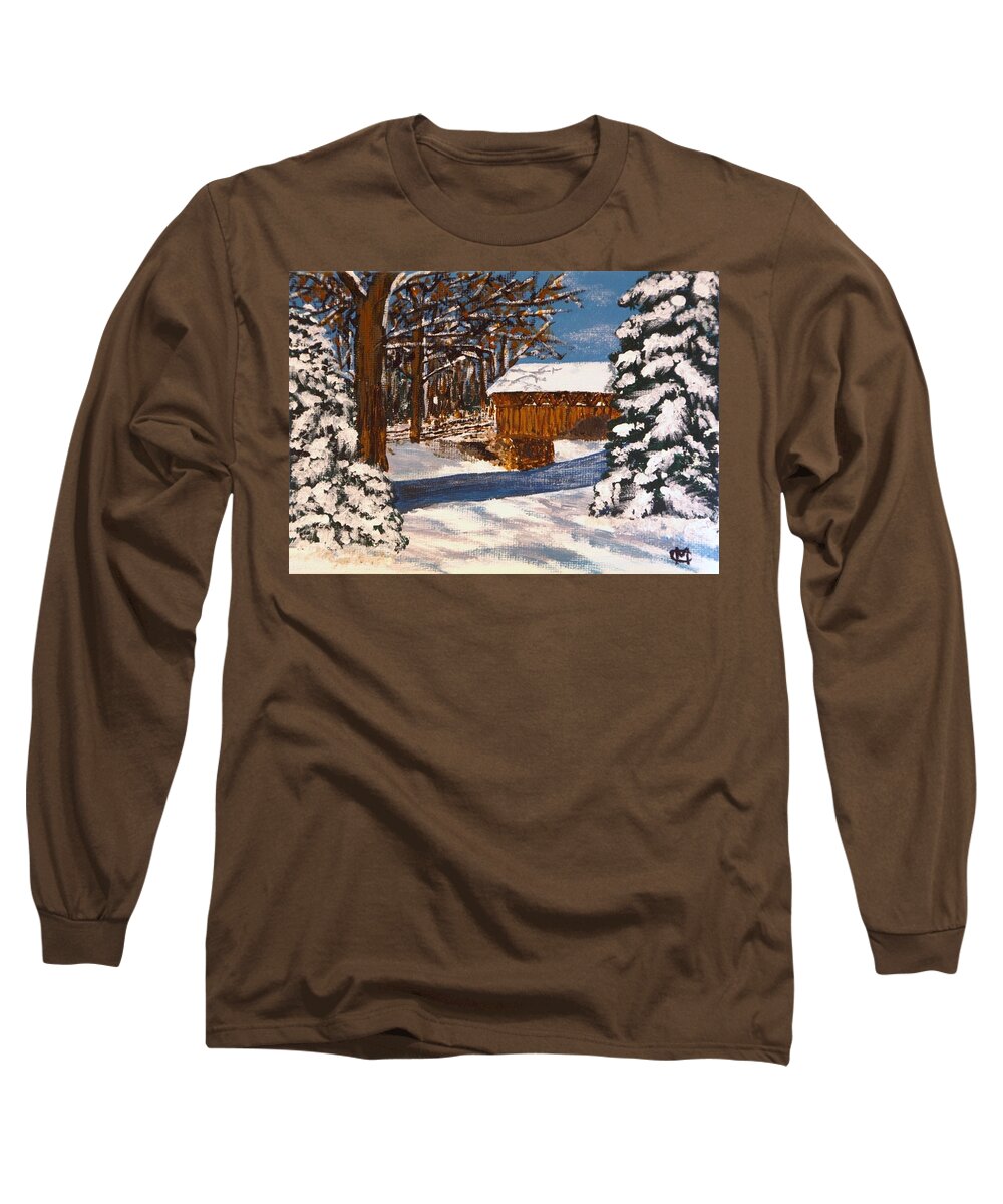 Winter Scene Long Sleeve T-Shirt featuring the painting Snowbridge by Cynthia Morgan