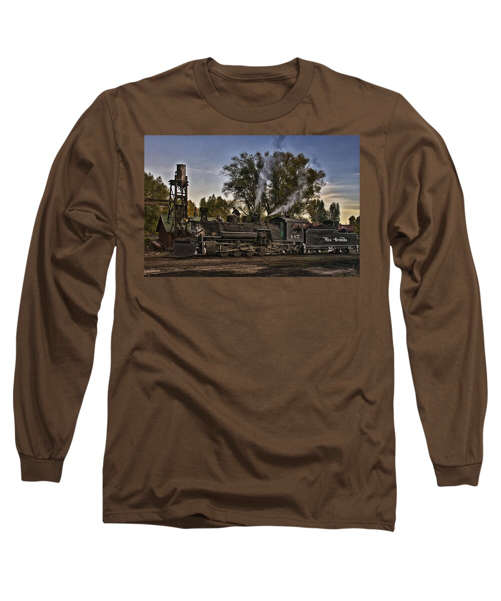Rio Grande Train Long Sleeve T-Shirt featuring the photograph Stopped at Chama by Priscilla Burgers