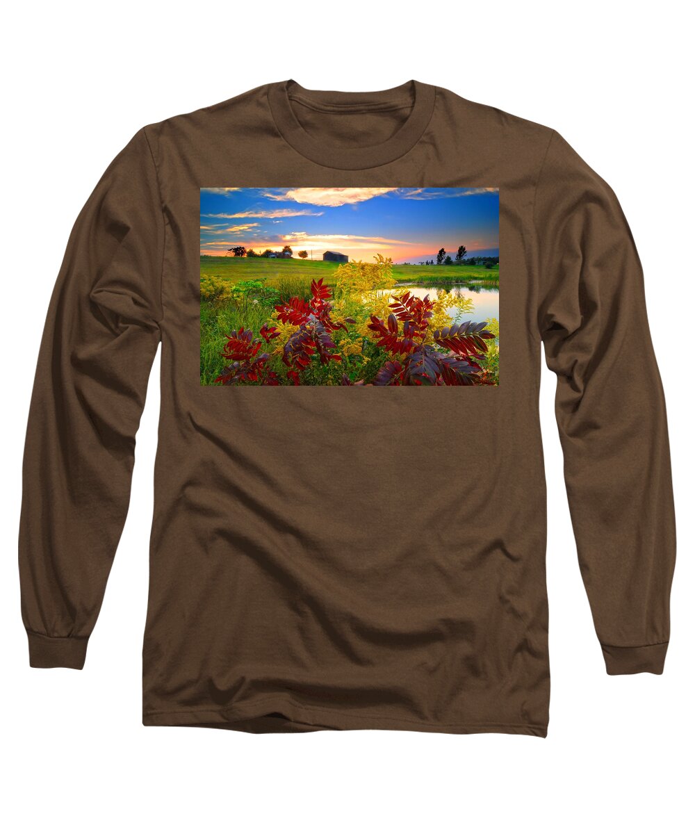 Golden Rod Long Sleeve T-Shirt featuring the photograph Sumac Golden Rod Farm and Pond by Randall Branham