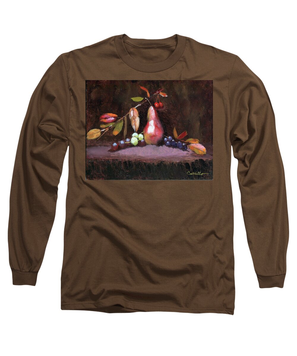  Still Life Of Vivid Fall Colors Surrounding Golden Pear Long Sleeve T-Shirt featuring the painting Taste of Fall by Ruben Carrillo