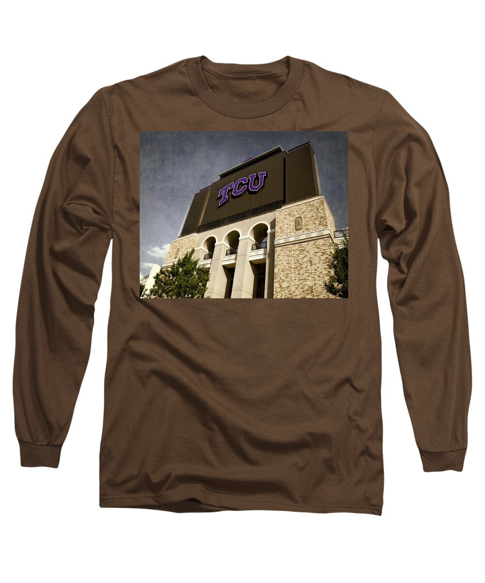 Joan Carroll Long Sleeve T-Shirt featuring the photograph TCU Stadium Entrance by Joan Carroll