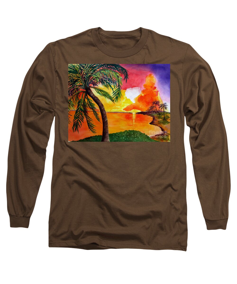 Tropical Sunset Long Sleeve T-Shirt featuring the painting Tequila Sunset by Diane DeSavoy