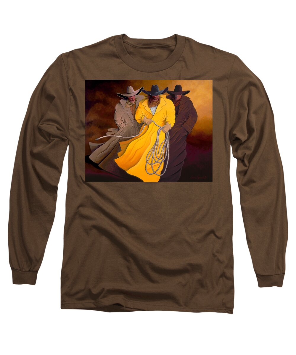 Three Long Sleeve T-Shirt featuring the painting Three Cowboys by Lance Headlee