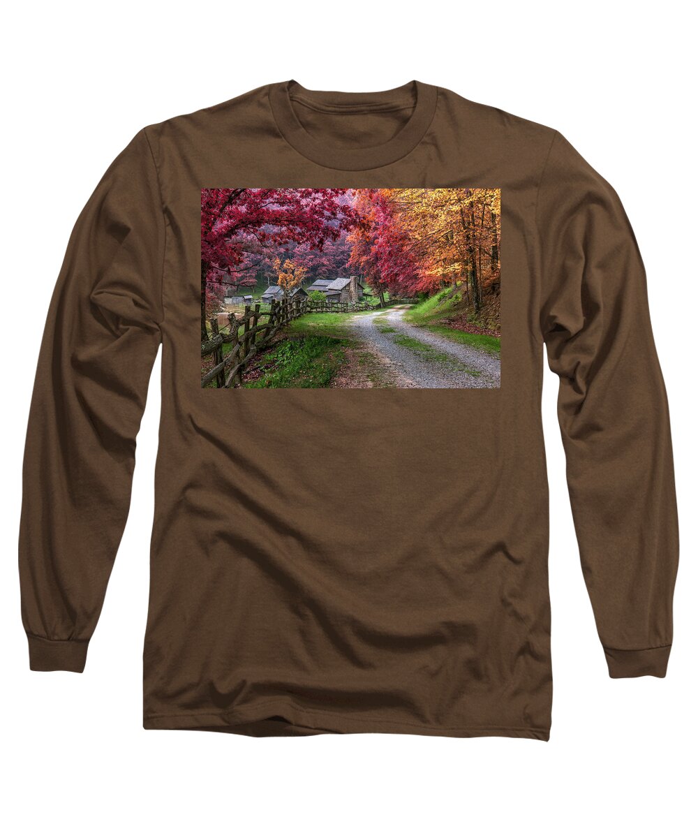 Twin Falls State Park In Autumn Long Sleeve T-Shirt featuring the photograph Twin Falls State Park by Mary Almond
