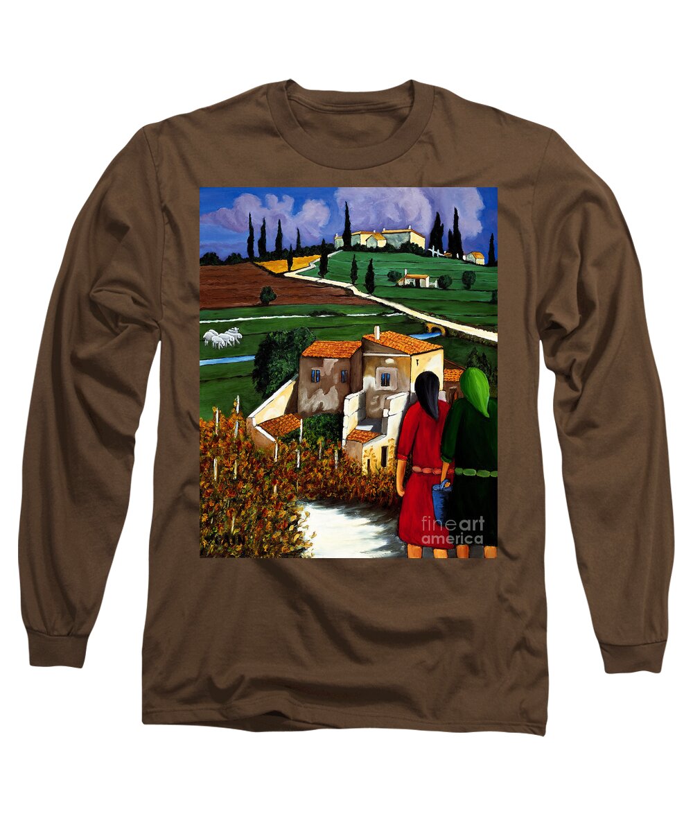 Village Sheep Long Sleeve T-Shirt featuring the painting Two Women And Village Sheep by William Cain