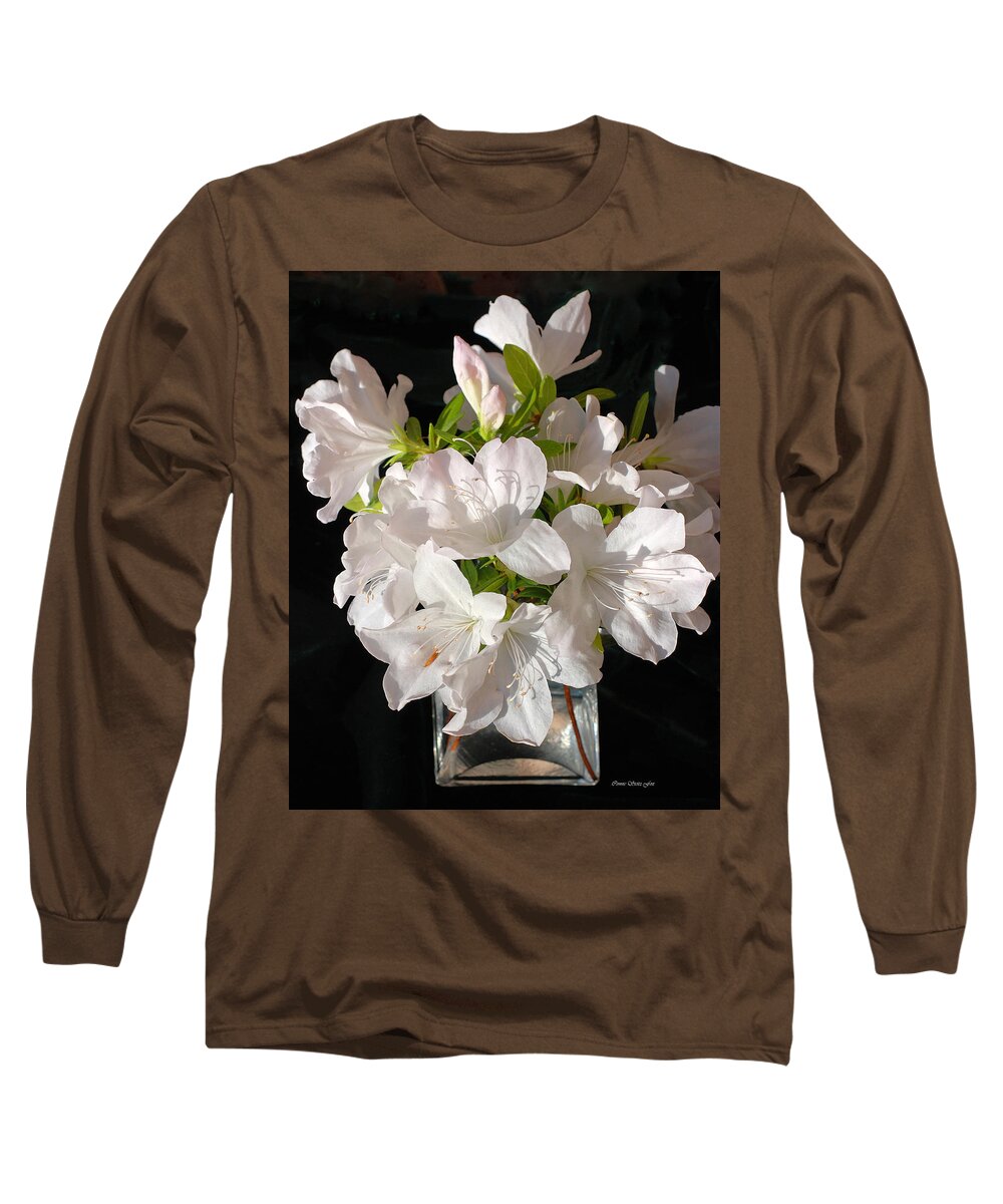 Azalea Long Sleeve T-Shirt featuring the photograph White Azalea Bouquet in Glass Vase by Connie Fox