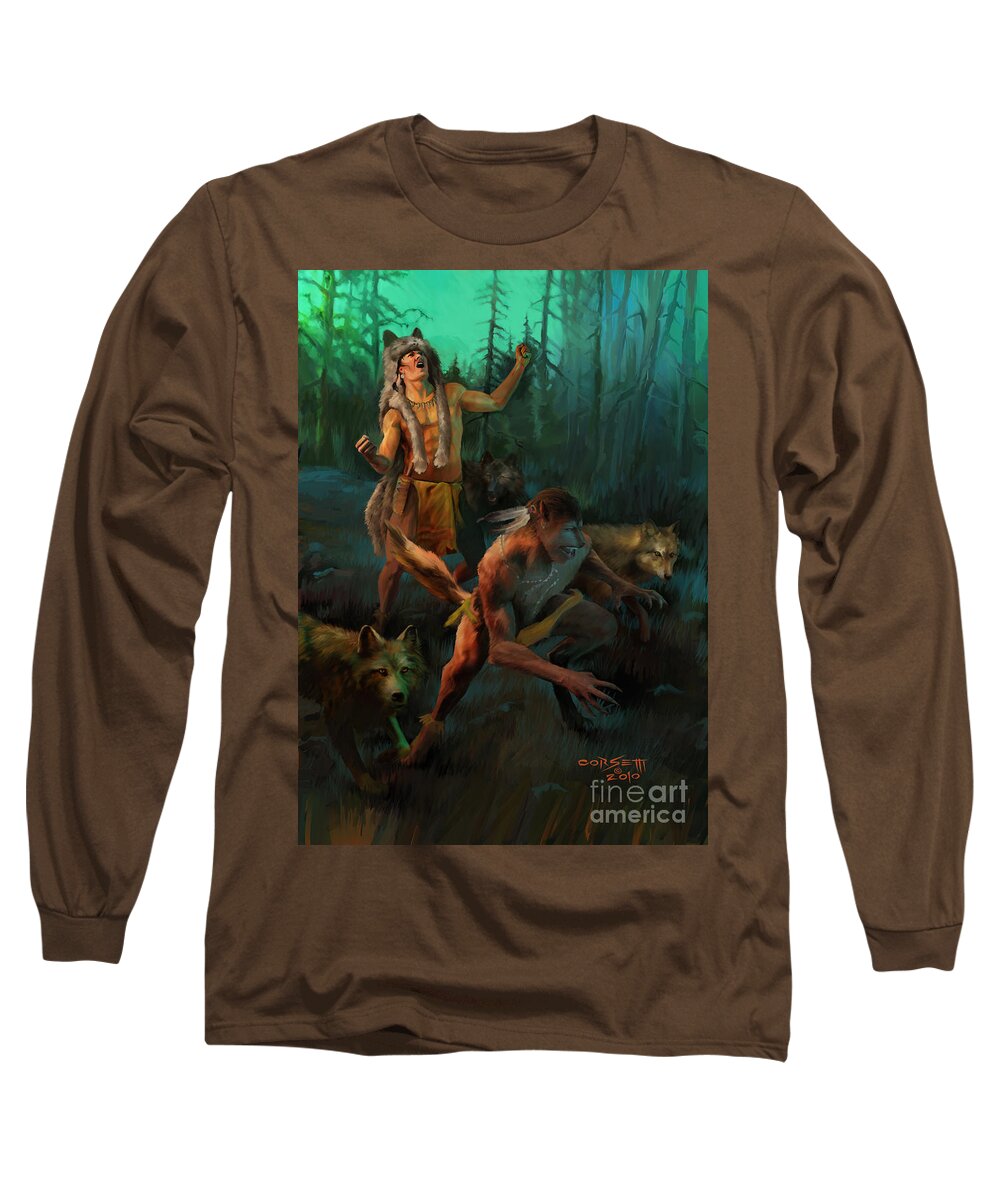 Wolf Long Sleeve T-Shirt featuring the painting Wolf Warriors change by Robert Corsetti