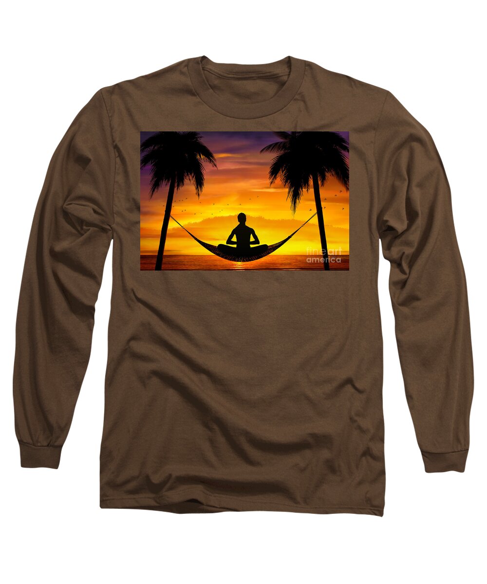 Yoga Long Sleeve T-Shirt featuring the digital art Yoga At Sunset by Peter Awax