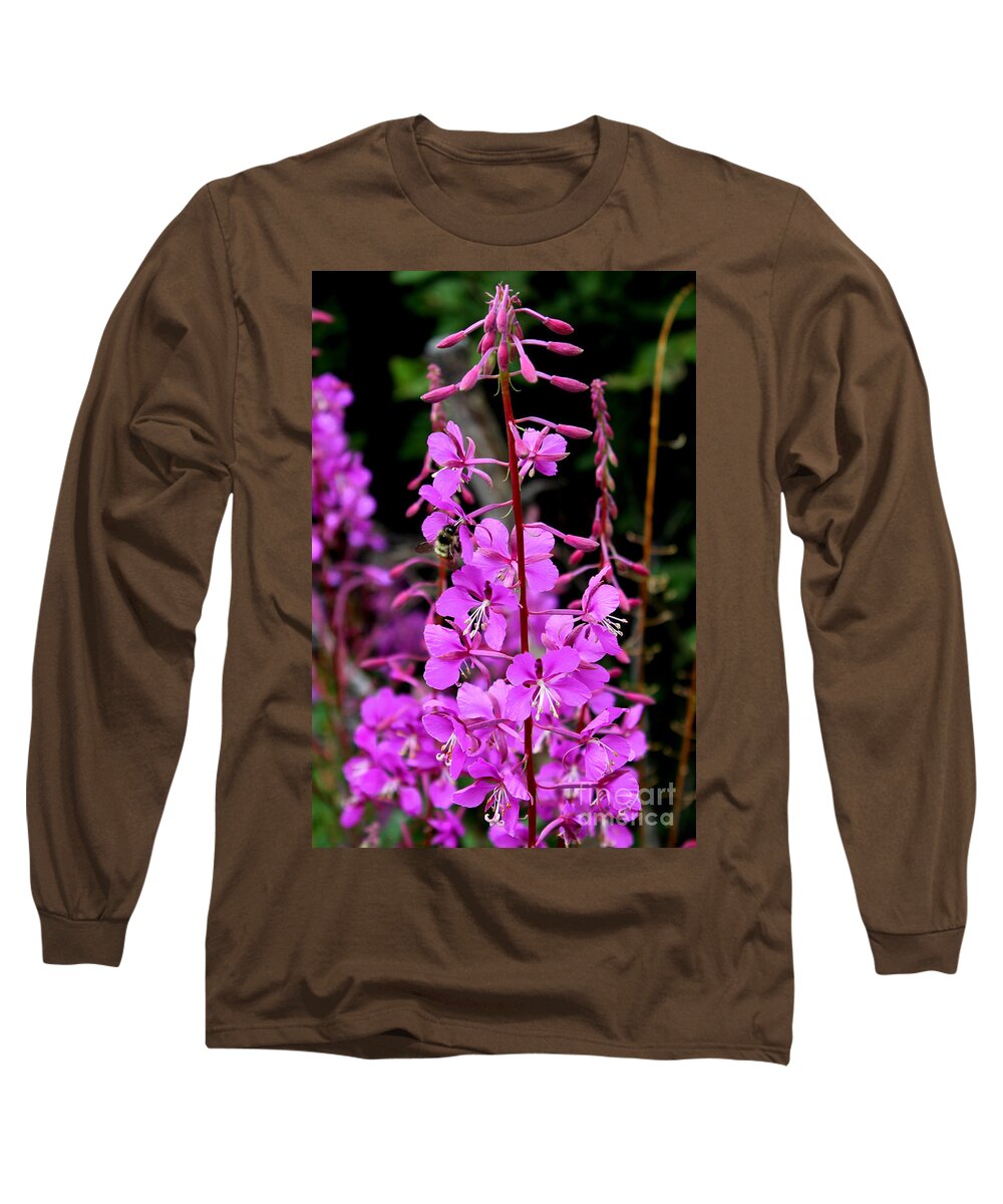 Fireweed Long Sleeve T-Shirt featuring the photograph Bee on Fireweed in Alaska by Kathy White