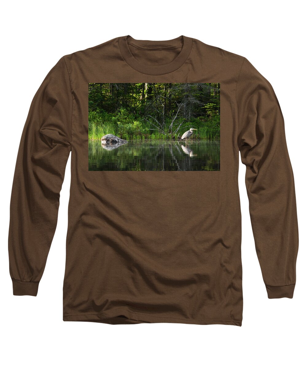 White Mountain Long Sleeve T-Shirt featuring the photograph Blue Heron Long Pond WMNF by Benjamin Dahl