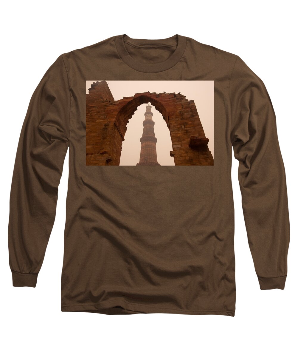 Muslim Long Sleeve T-Shirt featuring the photograph Cross section of the Qutub Minar framed within an archway in foggy weather by Ashish Agarwal