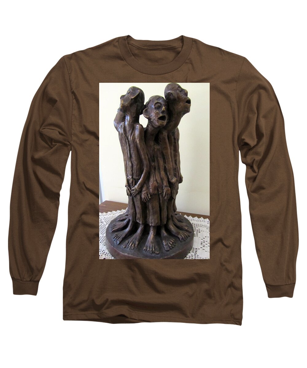 Suffering Long Sleeve T-Shirt featuring the sculpture Suffering Circle in Bronze sculpture men in rugs standing in a circle with suffering faces crying by Rachel Hershkovitz