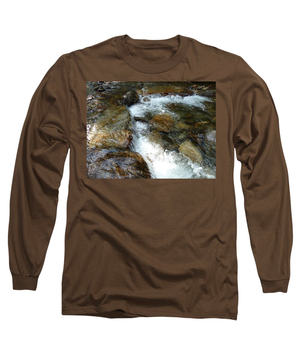 Sunlit Cascade Long Sleeve T-Shirt featuring the photograph Sunlit Cascade by Joel Deutsch