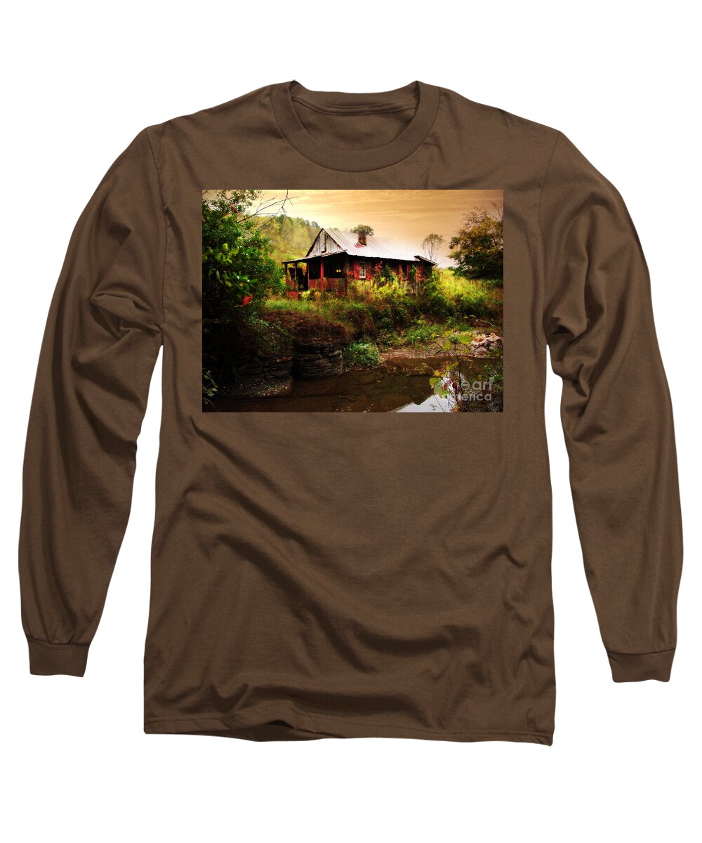 Cottage Long Sleeve T-Shirt featuring the photograph The Cottage by the Creek by Lisa Lambert-Shank