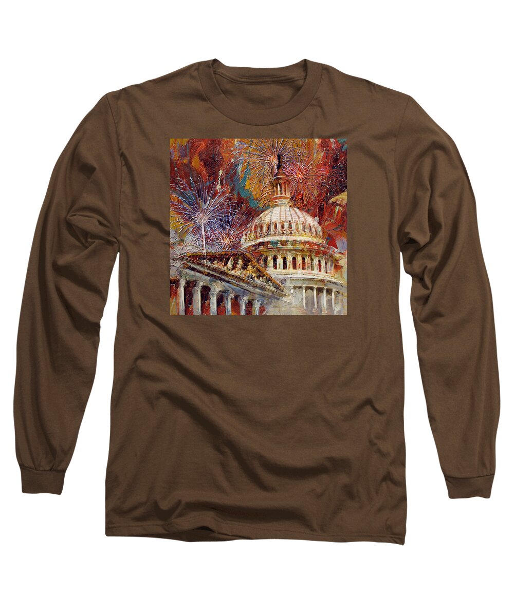 United States Capitol Building Long Sleeve T-Shirt featuring the painting 070 United States Capitol building - US Independence Day celebration fireworks by Maryam Mughal