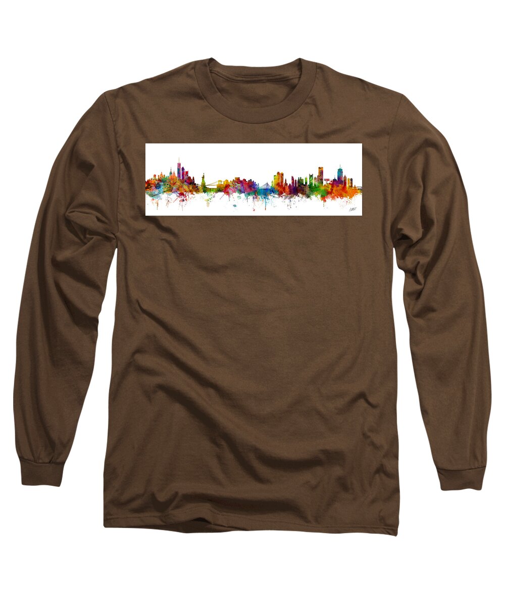 Boston Long Sleeve T-Shirt featuring the digital art New York And Boston Skyline Mashup #1 by Michael Tompsett