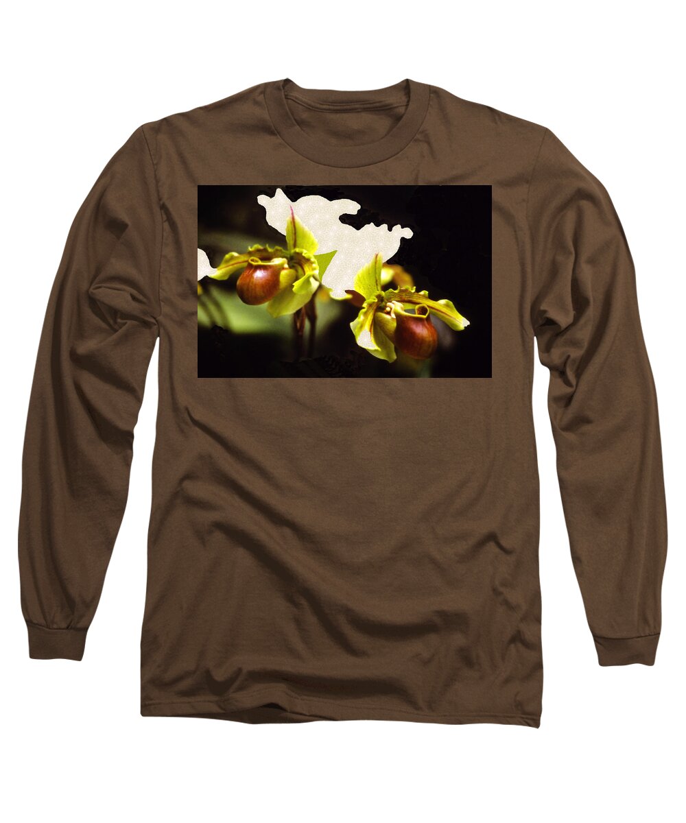 Orchid Long Sleeve T-Shirt featuring the mixed media Paphiopedilum Orchid #1 by Rosalie Scanlon
