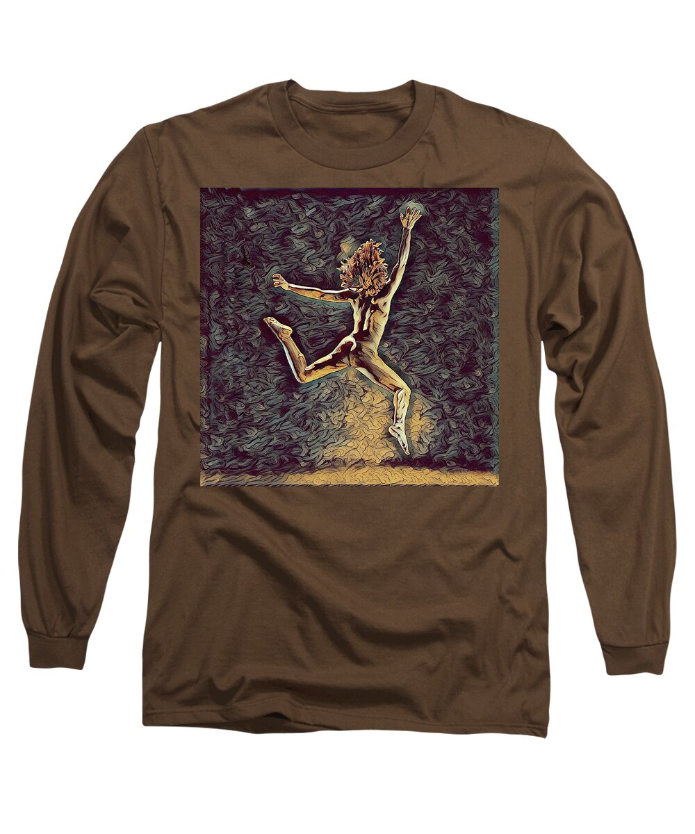 Leaping Long Sleeve T-Shirt featuring the digital art 1307s-Dancer Leap Fit Black Woman Bare and Free by Chris Maher