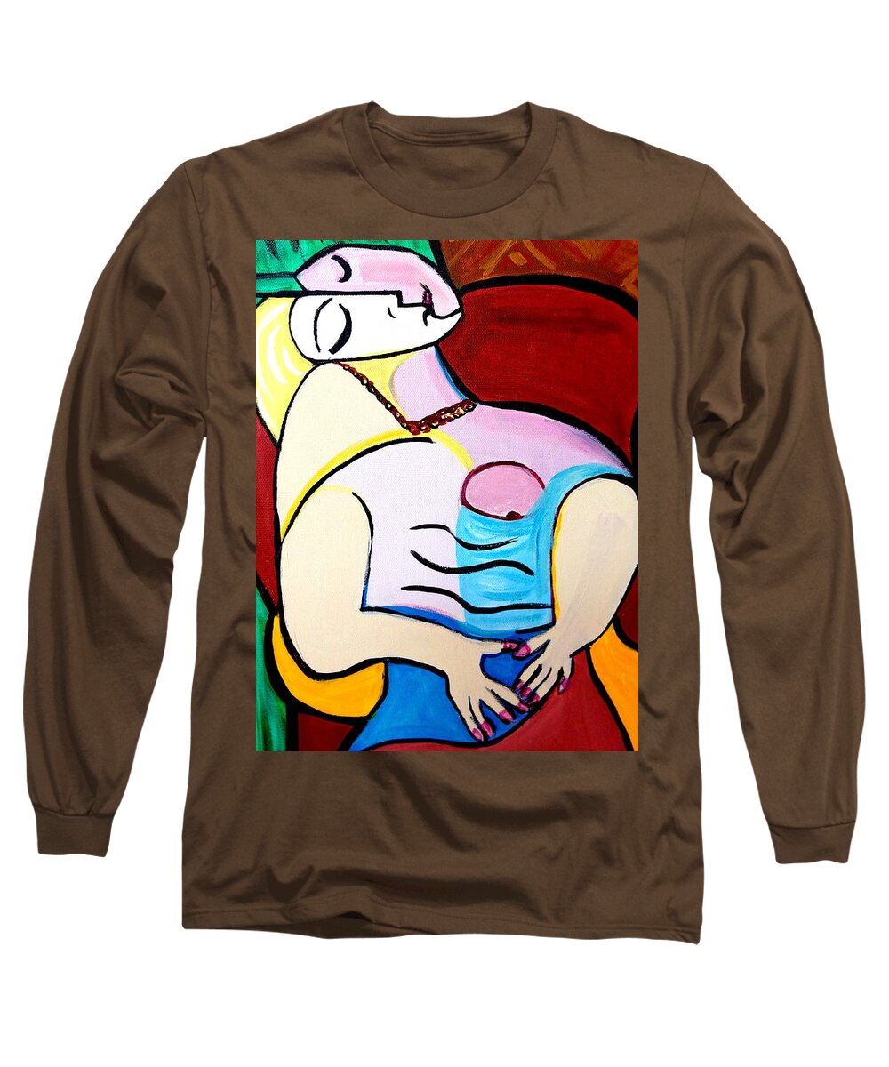 Picasso By Nora Long Sleeve T-Shirt featuring the painting Sleeping In Brown Chair Picasso by Nora Shepley