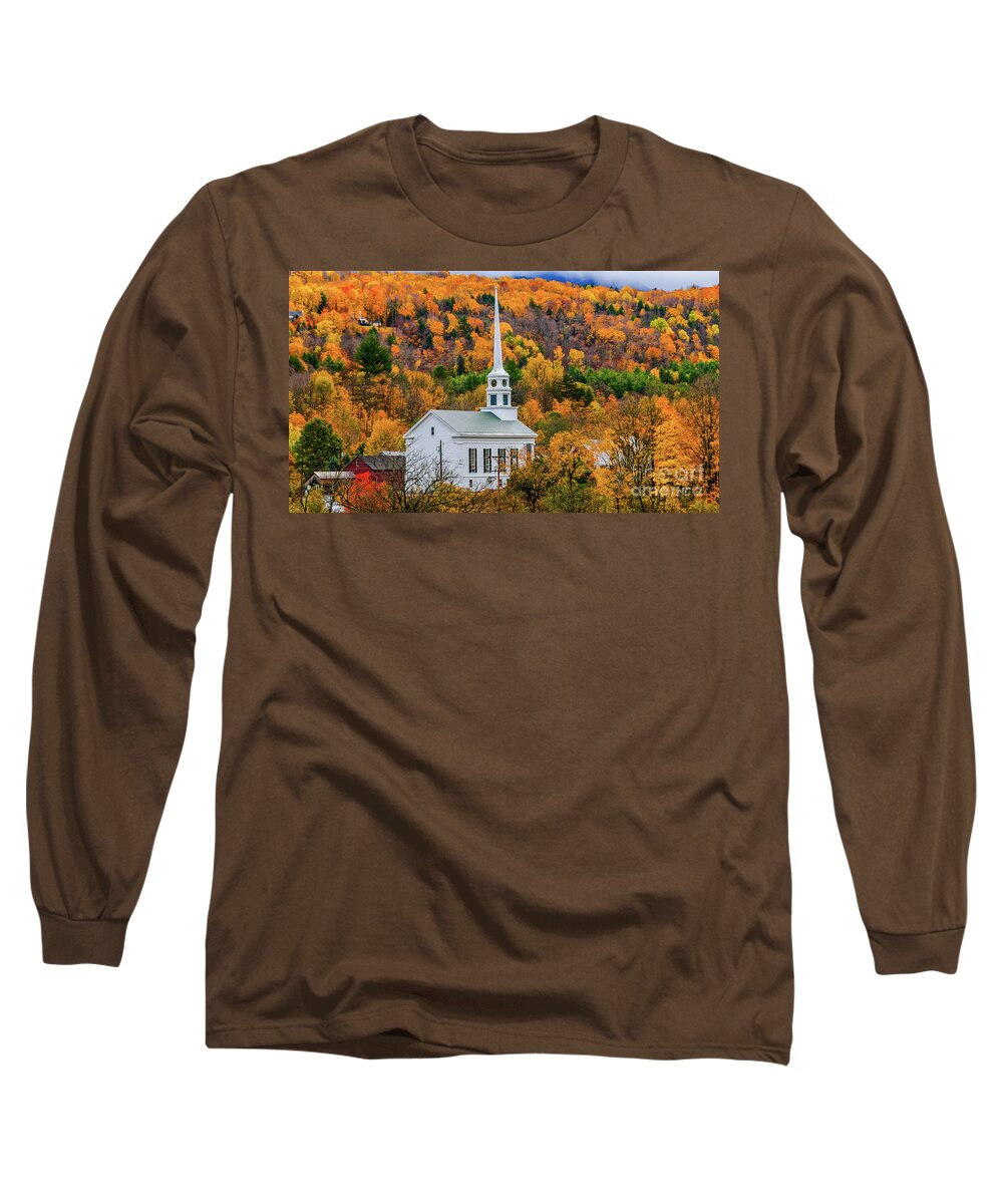 Fall Foliage Long Sleeve T-Shirt featuring the photograph Stowe Community Church #4 by Scenic Vermont Photography