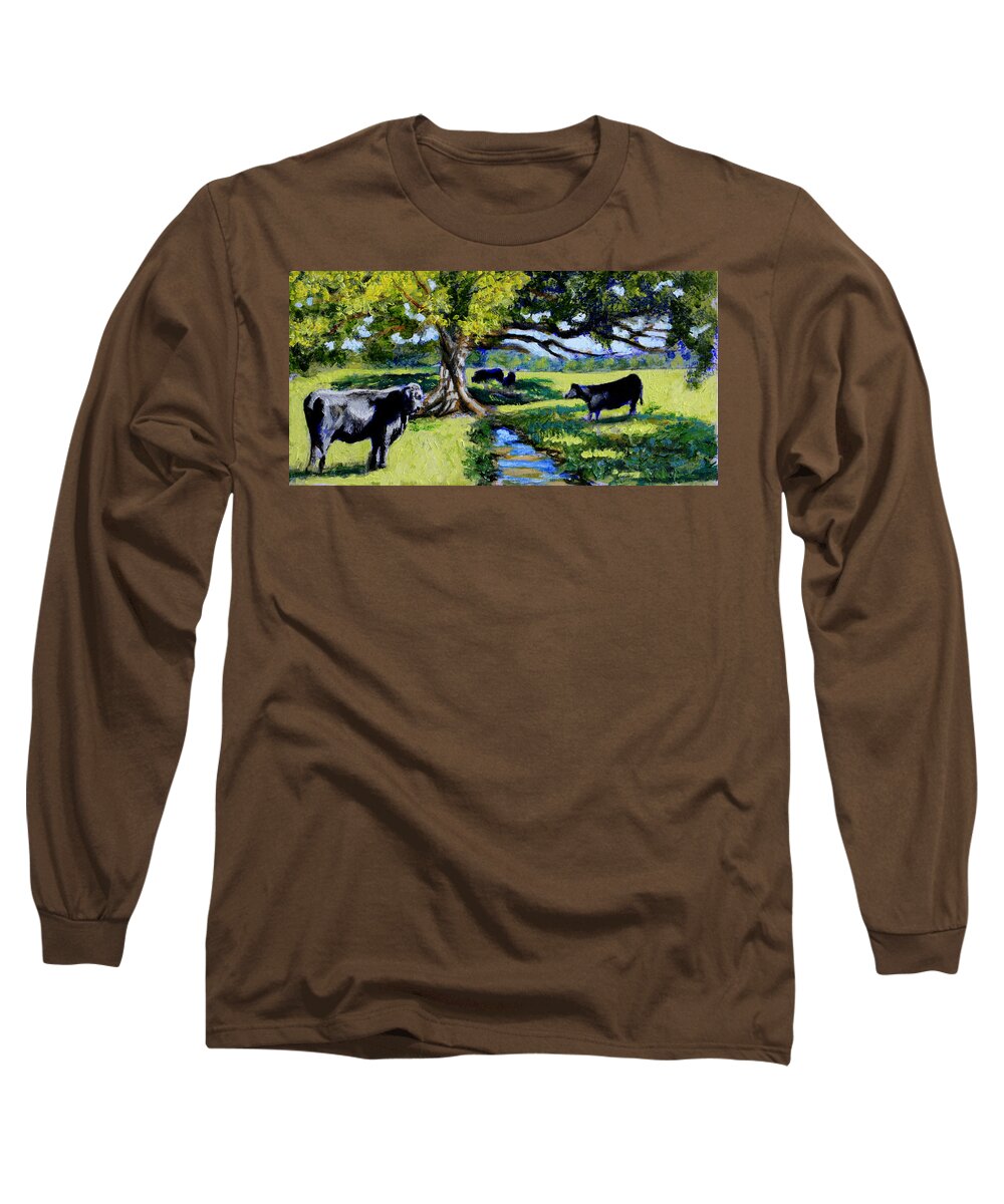 Impressionist Painting Of Cow And Bull Long Sleeve T-Shirt featuring the painting A Challenging View by David Zimmerman