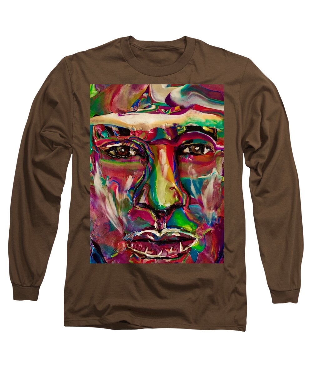 Clay Long Sleeve T-Shirt featuring the mixed media A New Man by Deborah Stanley