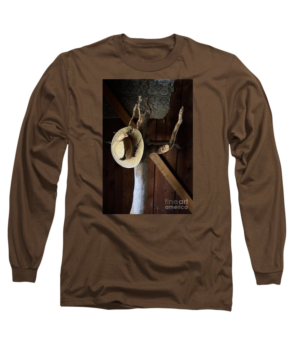 Hat Rack Western West Rodeo Ghost Town Hall Tree Old Straw Tree Stand Long Sleeve T-Shirt featuring the photograph A Place to Hang Your Hat 5448 by Ken DePue