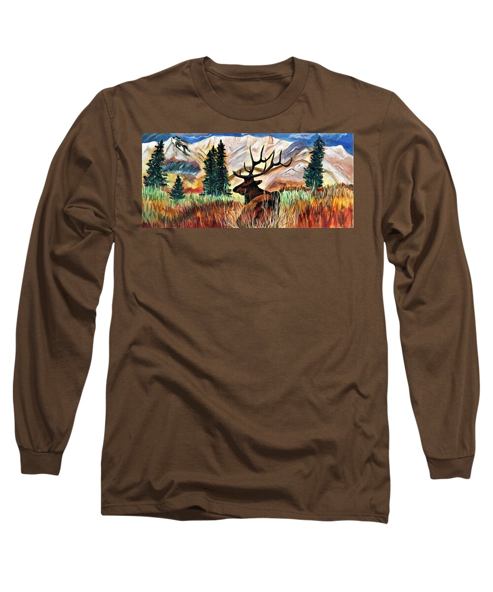 Elk Long Sleeve T-Shirt featuring the painting Afternoon Solitude by Julie Wittwer