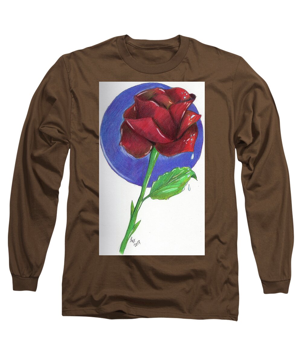 Rose Long Sleeve T-Shirt featuring the drawing Almost Black Rose by Loretta Nash