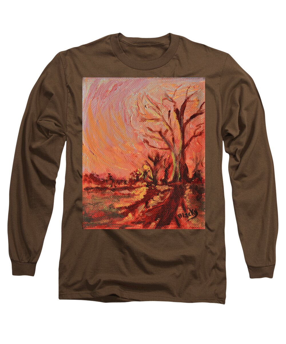 Abstract Landscape Long Sleeve T-Shirt featuring the painting Amber Skies by Donna Blackhall