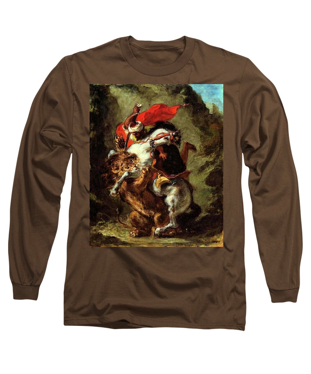 Arab Long Sleeve T-Shirt featuring the painting Arab Horseman Attacked by a Lion by Eugene Delacroix