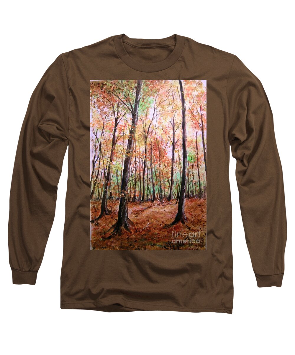Landscape Long Sleeve T-Shirt featuring the painting Autumn Forrest by Lizzy Forrester