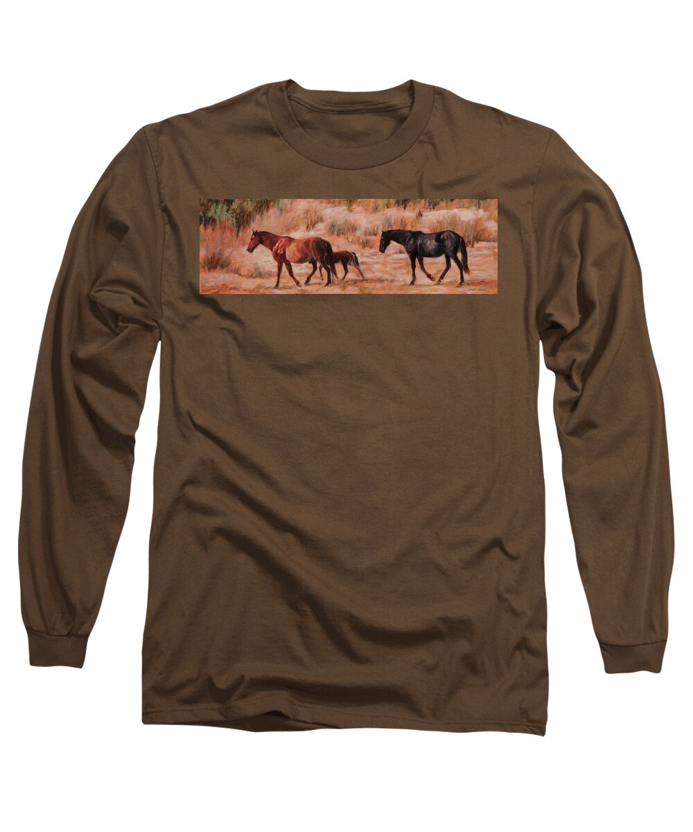 Group Of Horses Long Sleeve T-Shirt featuring the painting Beach Ponies - Wild horses in the dunes by Bonnie Mason