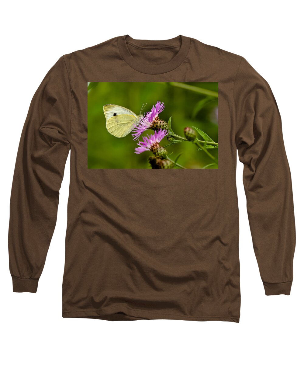 Macro Long Sleeve T-Shirt featuring the photograph Beautiful Butterfly on Pink Thistle by Lori Coleman