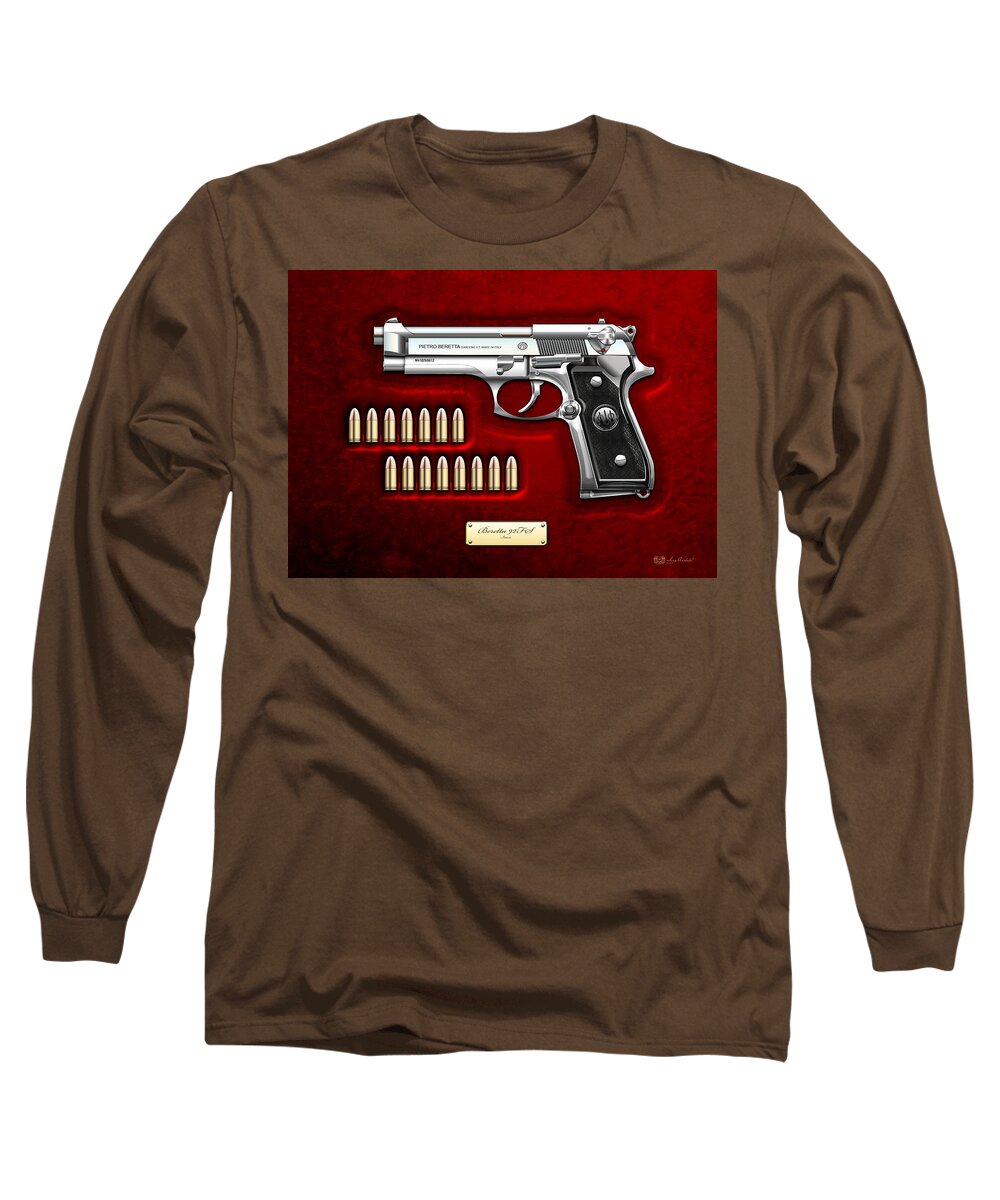 The Armory By Serge Averbukh Long Sleeve T-Shirt featuring the photograph Beretta 92fs Inox Over Red Velvet by Serge Averbukh