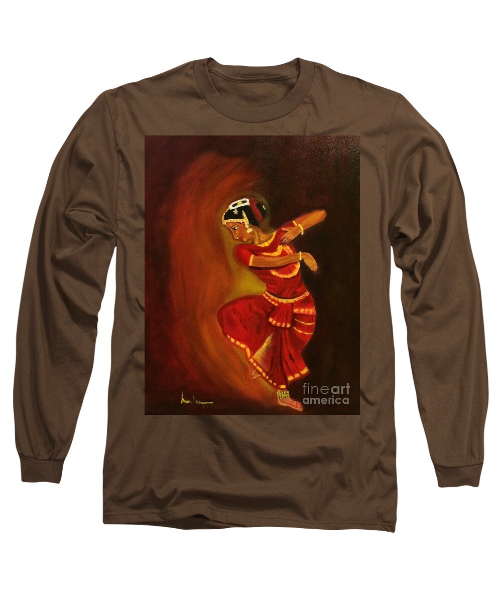 Indian Classical Dance Long Sleeve T-Shirt featuring the painting Bharatnatyam dancer by Brindha Naveen