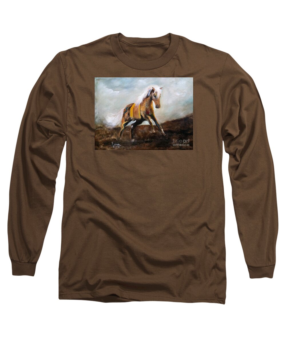War Pony Long Sleeve T-Shirt featuring the painting Blanket the War Pony by Barbie Batson