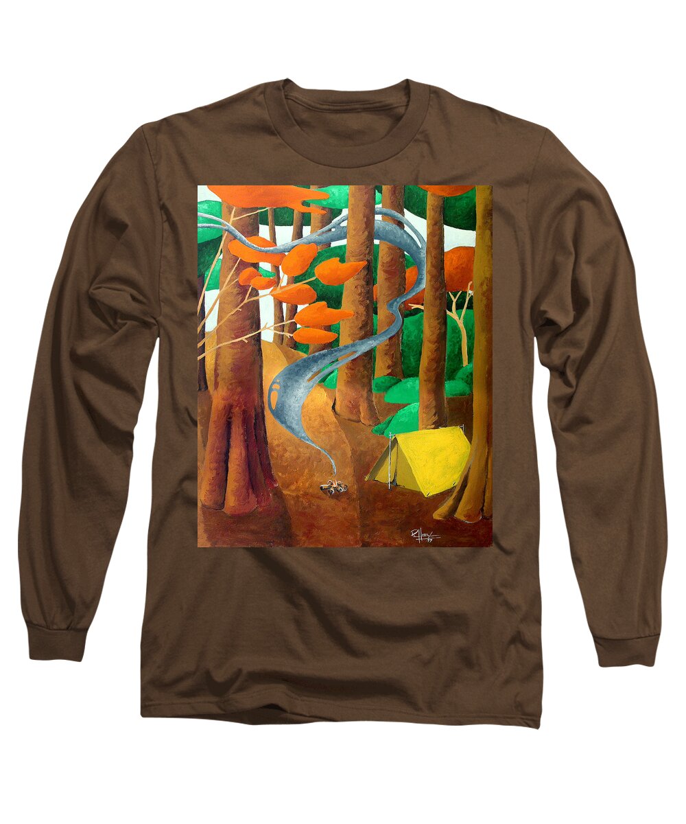 Landscape Long Sleeve T-Shirt featuring the painting Camping - Through The Forest Series by Richard Hoedl