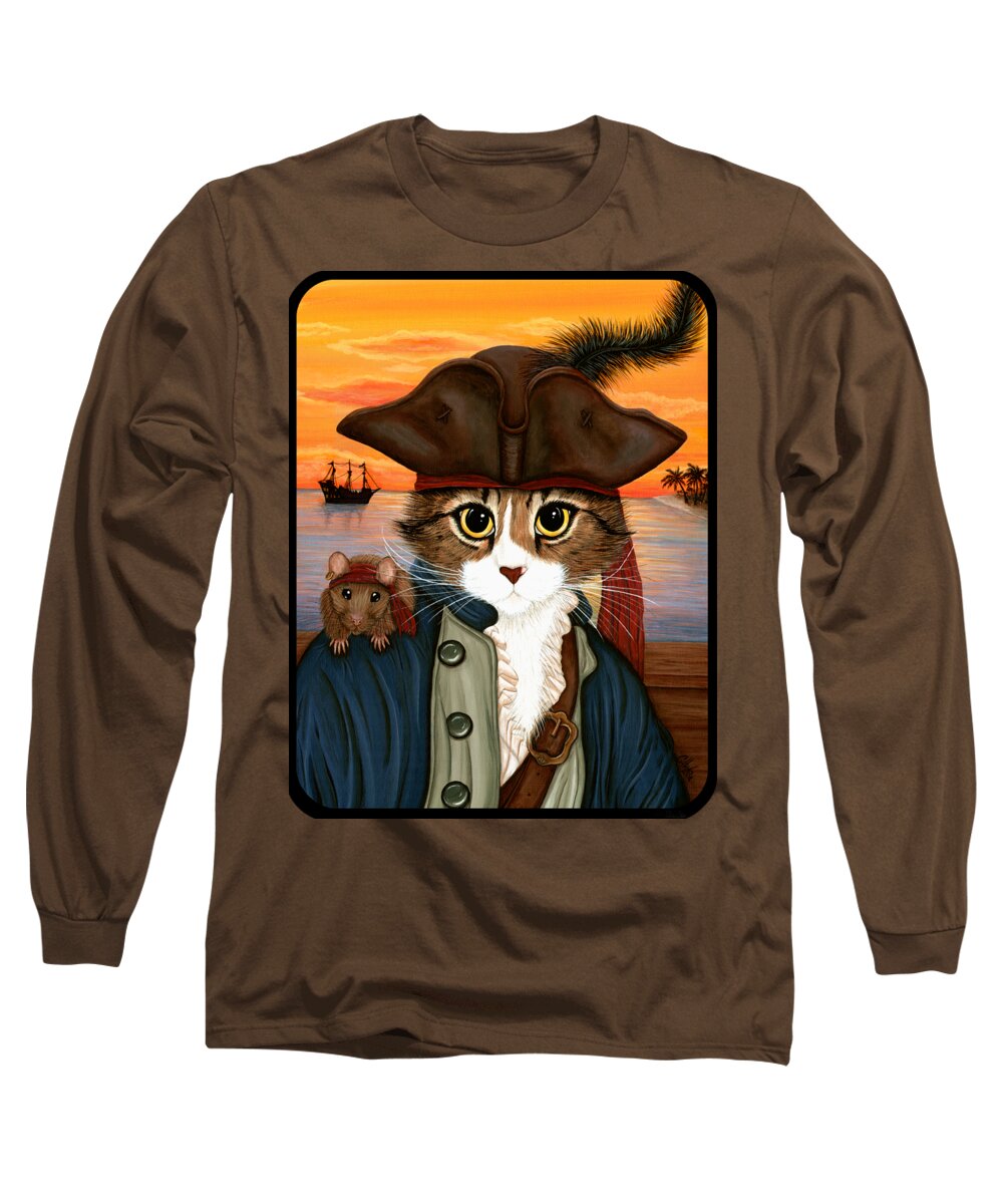 Pirate Cat Long Sleeve T-Shirt featuring the painting Captain Leo - Pirate Cat and Rat by Carrie Hawks
