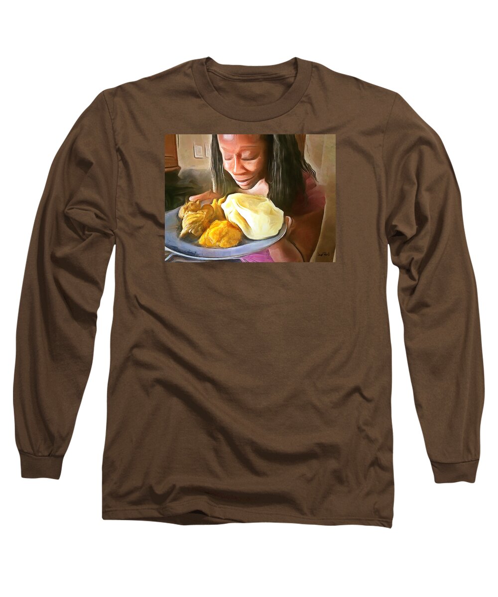 Roti Long Sleeve T-Shirt featuring the painting Caribbean Scenes - Roti, Pumpkin and Curry Chicken by Wayne Pascall