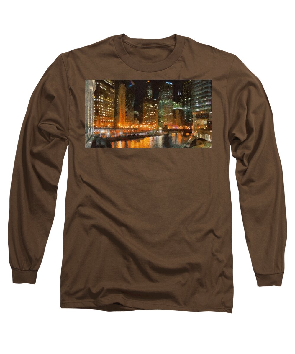 Chicago Long Sleeve T-Shirt featuring the painting Chicago at Night by Jeffrey Kolker