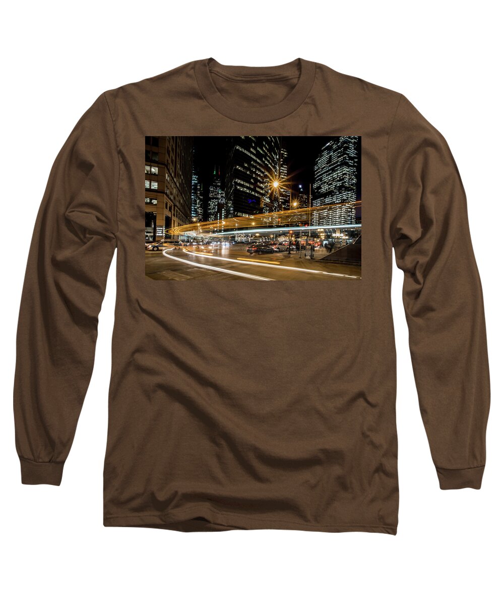 Chicago Long Sleeve T-Shirt featuring the photograph Chicago Nighttime time exposure by Sven Brogren