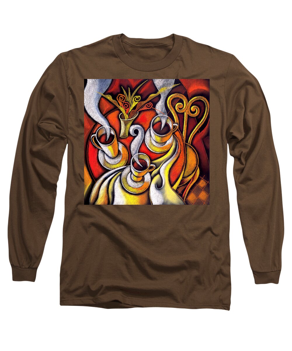  Beverage Beverages Breakfast Cafe Caffeinated Caffeine Coffee Coffee Break Coffee Cup Coffee Cups Coffee House Coffee Shop Cup Cups Drink Drinks Lunchtime Morning Restaurant Tabletop Tea Wake Up Warm Food Long Sleeve T-Shirt featuring the painting Coffee Cups by Leon Zernitsky