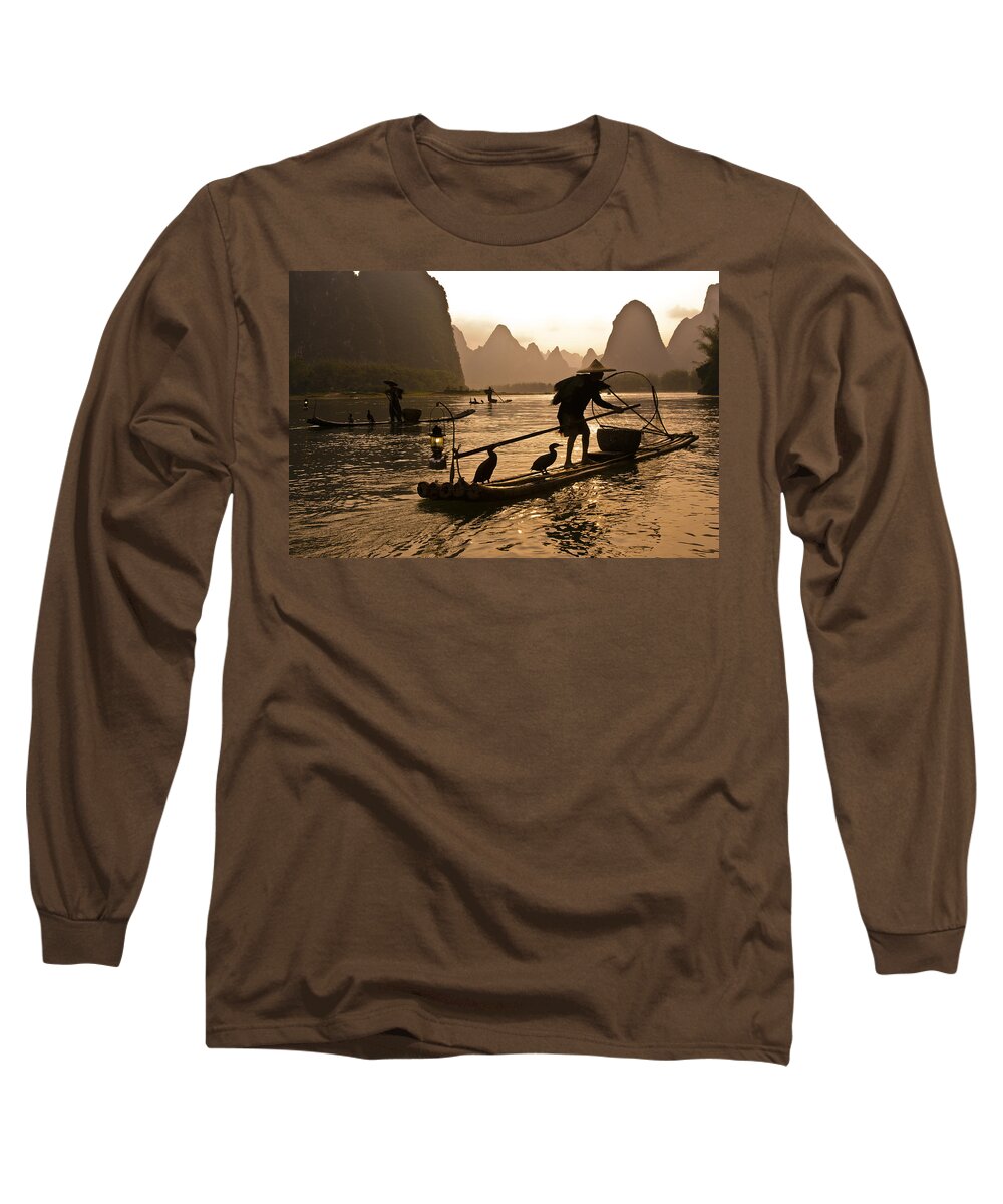 Asia Long Sleeve T-Shirt featuring the photograph Cormorant Fishermen at Sunset by Michele Burgess