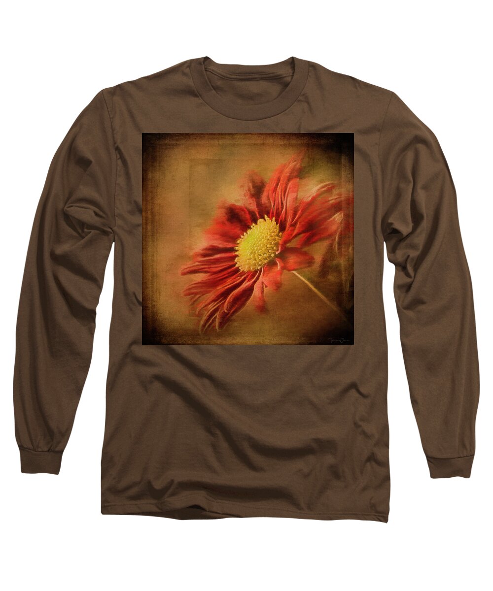 Flower Long Sleeve T-Shirt featuring the mixed media Crimson Sunburst by Teresa Wilson