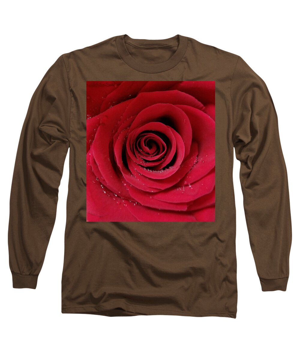 Red Long Sleeve T-Shirt featuring the photograph Dew Drop Rose by ChelleAnne Paradis