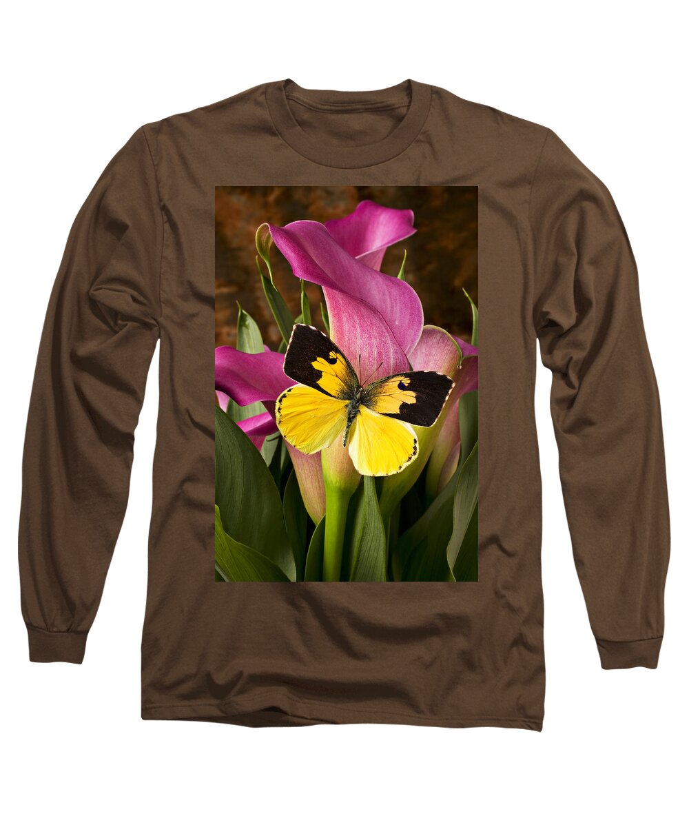 Butterfly Long Sleeve T-Shirt featuring the photograph Dogface butterfly on pink calla lily by Garry Gay