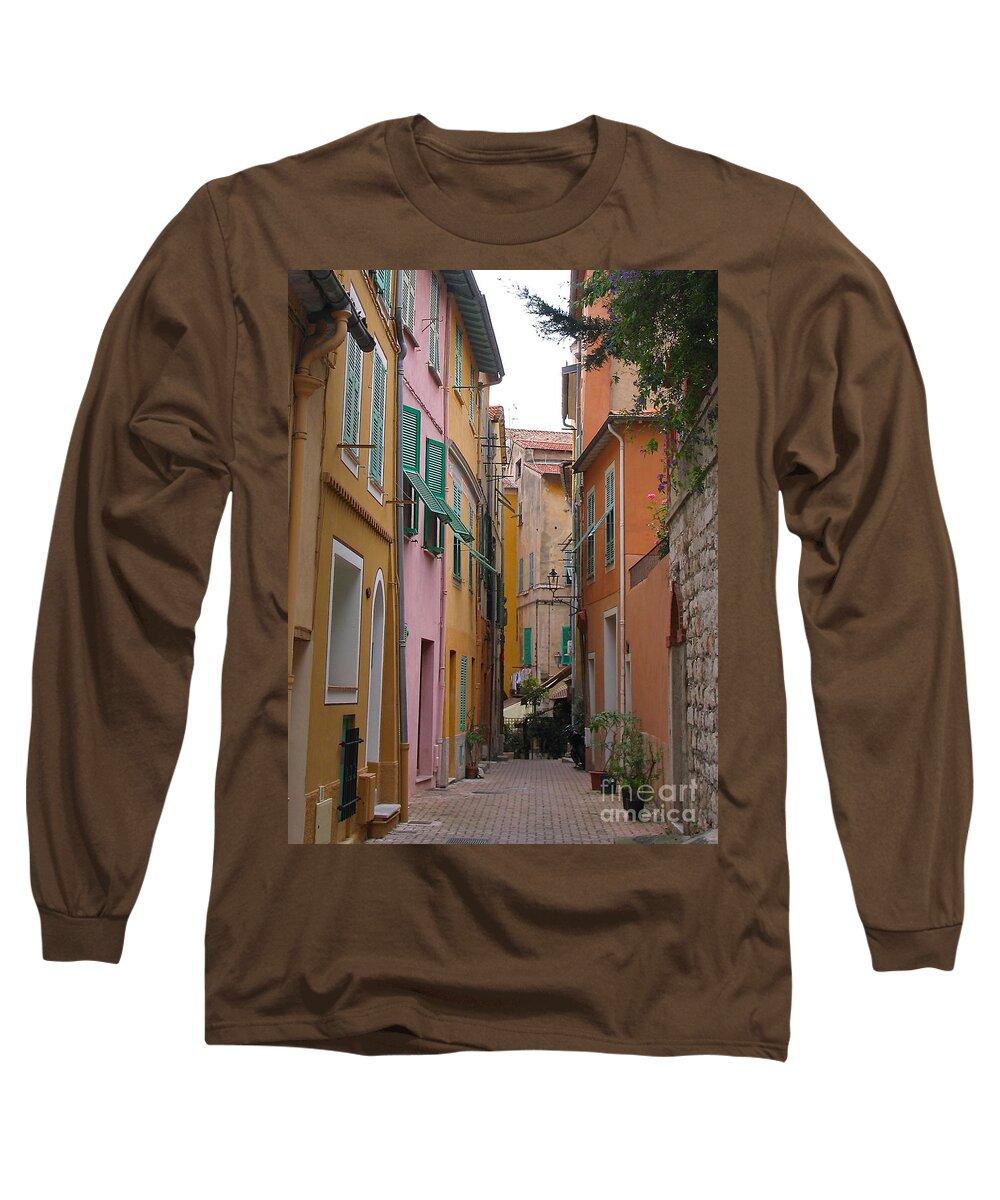 France Villefranche Alley Riviera Long Sleeve T-Shirt featuring the photograph Down a Bright Alley by Suzanne Oesterling